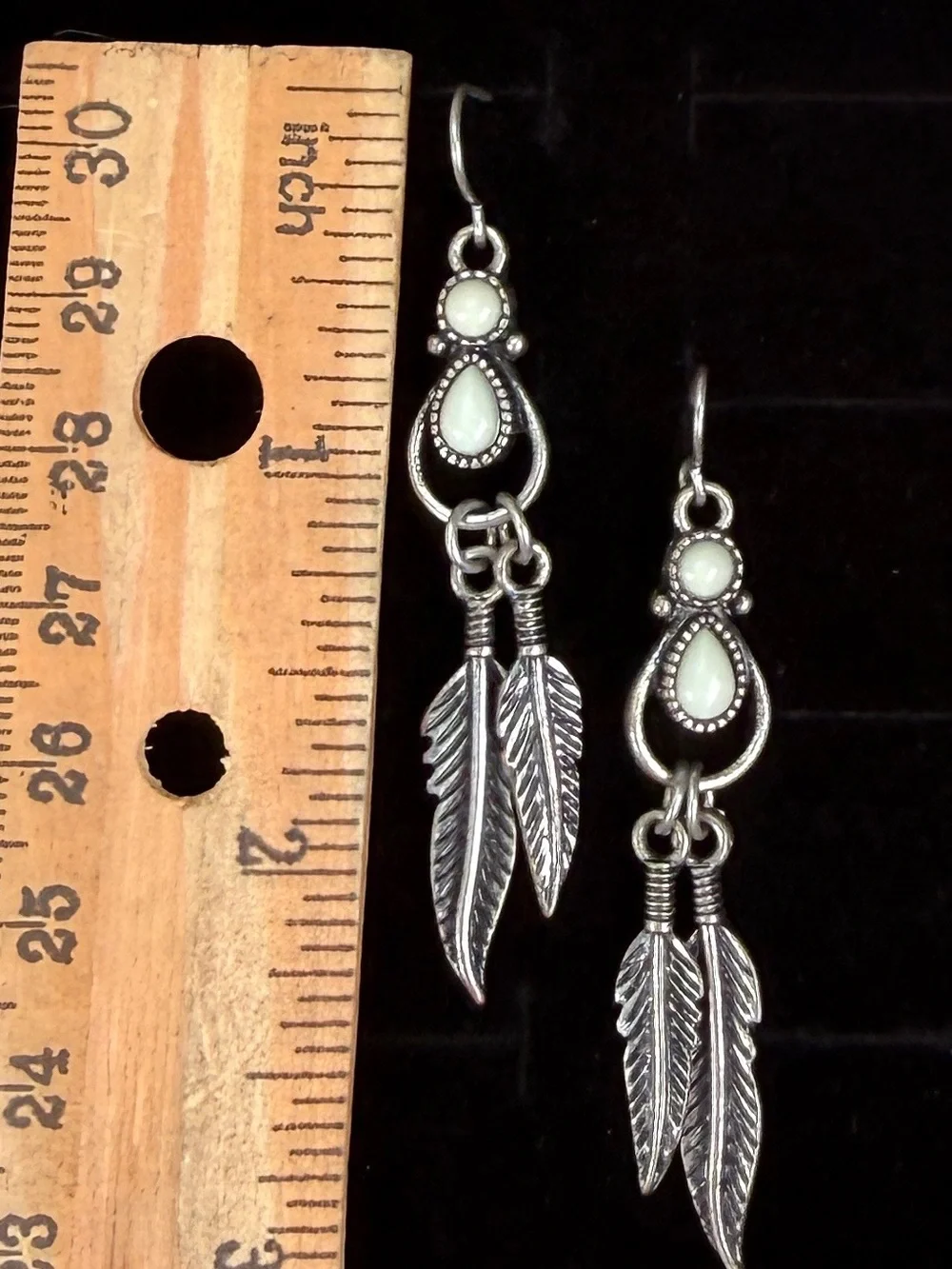 Silvertone white leaf fringe pierced dangle earrings